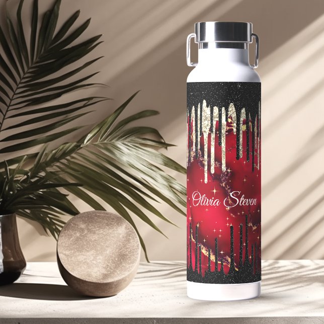 Chic red black drippings Glitzer monogram Trinkflasche (Von Creator hochgeladen)