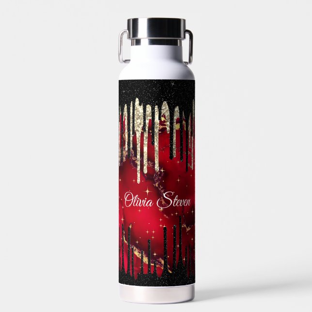 Chic red black drippings Glitzer monogram Trinkflasche (Vorne)