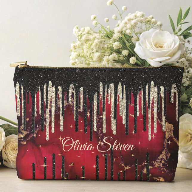 Chic red black drippings Glitzer monogram Zubehörtasche (Von Creator hochgeladen)
