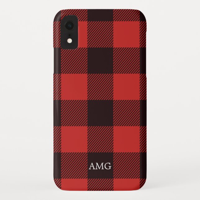 Chic Red & Black Flannel Monogram Kariert Case-Mate iPhone Hülle (Rückseite)