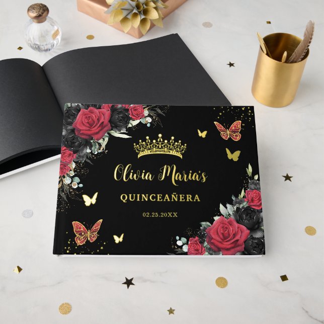 Chic Red Black Floral Butterfells Quinceanera Gold Gästebuch (Vorderseite offen)
