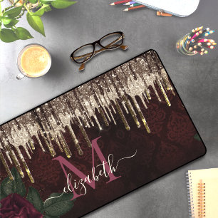 Chic Red Blume Gold Drippings Glitzer Monogramm Schreibtischunterlage