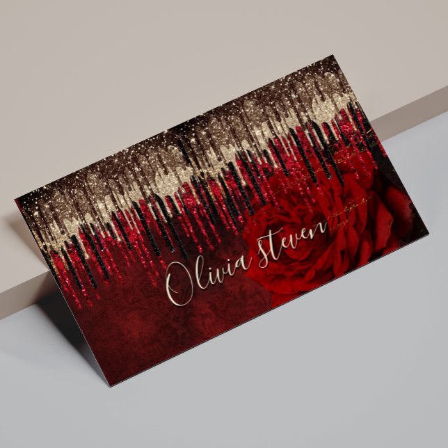 Chic Red Blume Gold Tropfen Glitzer Monogramm Magnetische Visitenkarte (Von Creator hochgeladen)