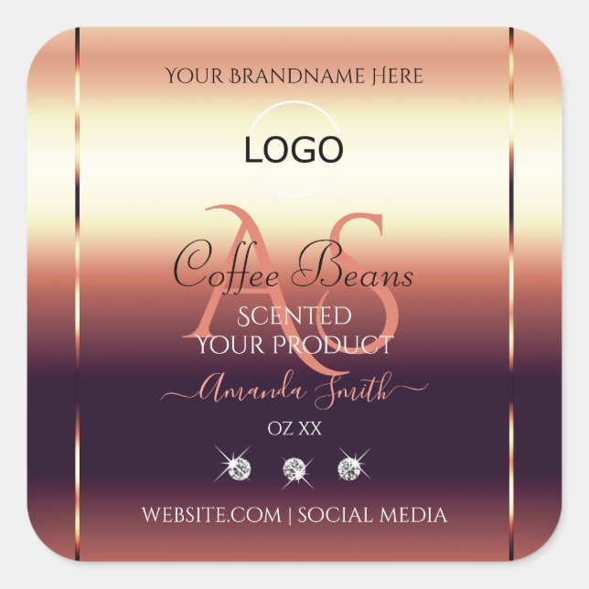 Chic Red Brown Product Labels Jewels Initials Logo Quadratischer Aufkleber (Vorderseite)