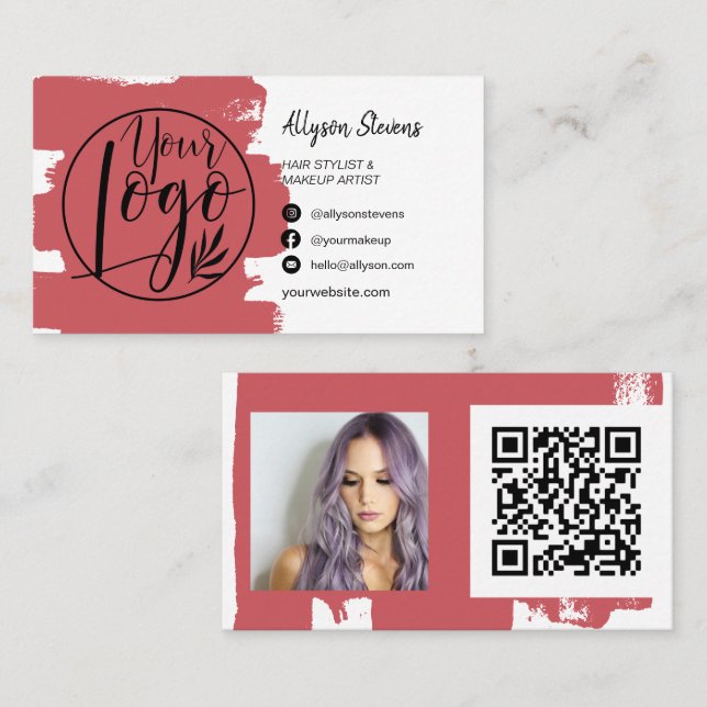 Chic red brush haar makeup Foto logo qr Visitenkarte (Vorne/Hinten)