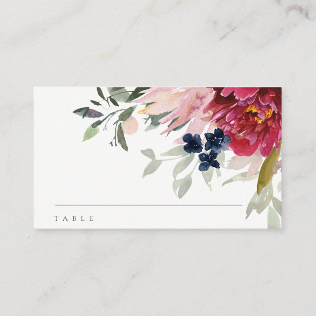 Chic Red Burgundy Blush Blue Gold Floral Taufe Platzkarte (Rückseite)