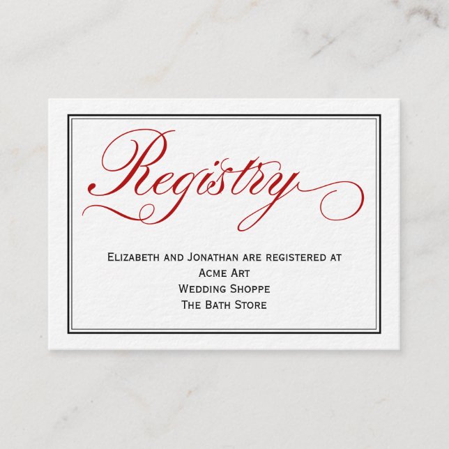 Chic Red Calligraphy Script Wedding Registry Card Begleitkarte (Vorderseite)