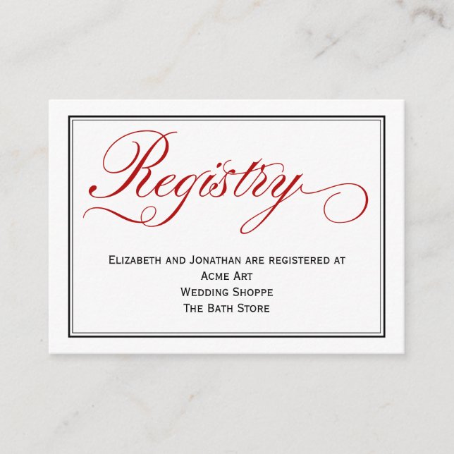 Chic Red Calligraphy Script Wedding Registry Card Begleitkarte (Vorderseite)