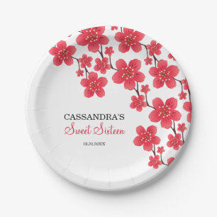 Chic Red Cherry Blossom Floral Botanical Birthday Pappteller