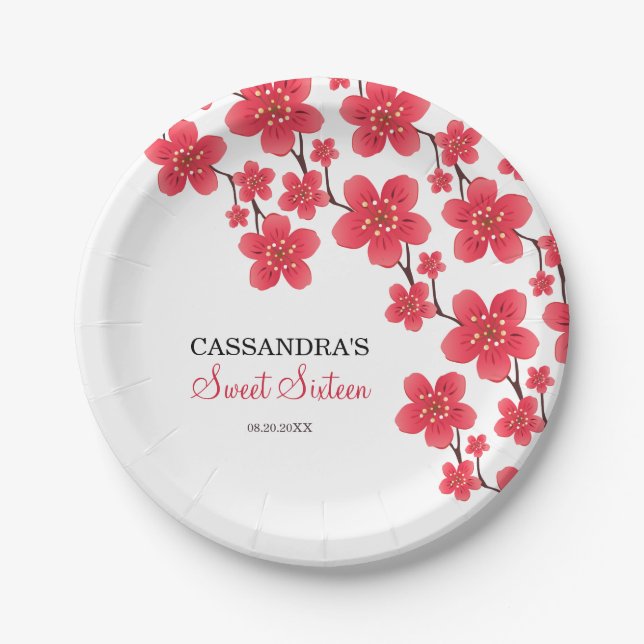 Chic Red Cherry Blossom Floral Botanical Birthday Pappteller (Vorderseite)