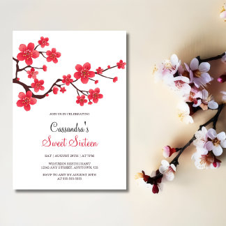 Chic Red Cherry Blossom Sakura Floral Geburtstag Einladung