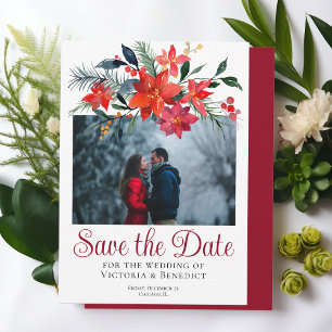 Chic Red Christmas Poinsettia Foto Save the Date Einladung