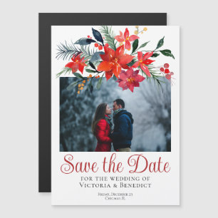 Chic Red Christmas Poinsettia Foto Save the Date Magneteinladung