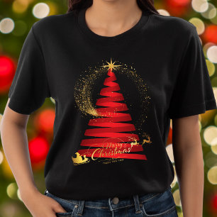 Chic Red Christmas Tree Gold Santa und Rentier T-Shirt
