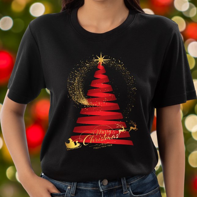 Chic Red Christmas Tree Gold Santa und Rentier T-Shirt (Von Creator hochgeladen)