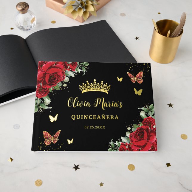 Chic Red Floral Butterfells Black Quinceanera Gold Gästebuch (Vorderseite offen)
