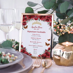 Chic Red Floral Gold Quinceanera Bar Drink Menü Fotodruck