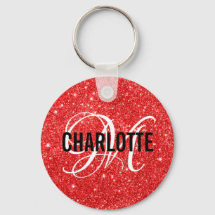 Chic Red Glitzer Monogram Name Schlüsselanhänger