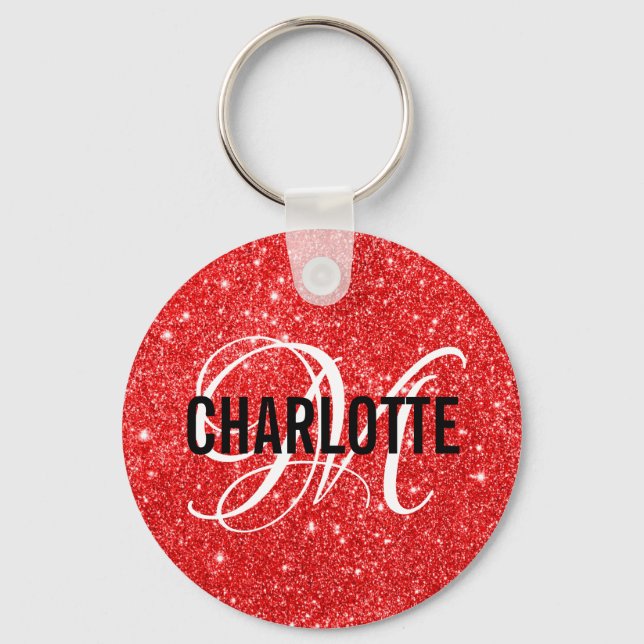 Chic Red Glitzer Monogram Name Schlüsselanhänger (Vorderseite)
