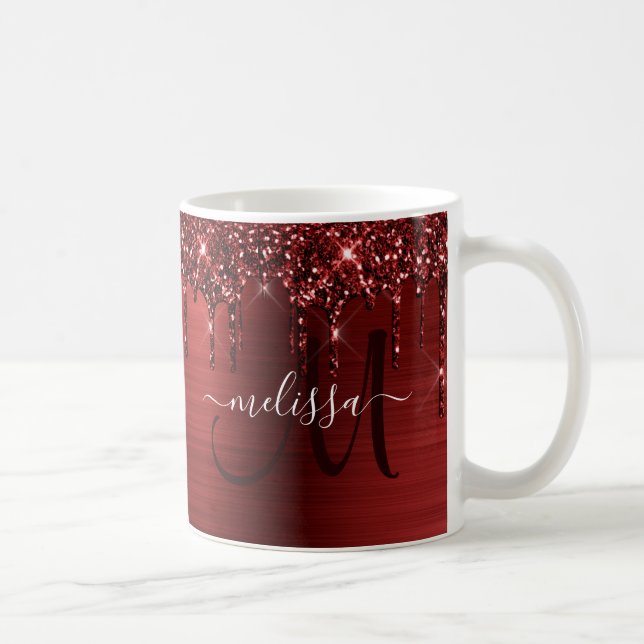 Chic Red Glitzer Tropfen Pinselmetall Monogram Kaffeetasse (Rechts)