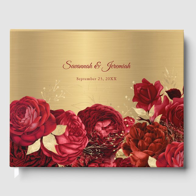 Chic Red Gold Floral Anpassbare Hochzeit Gästebuch (Vorderseite)