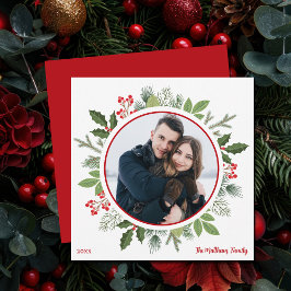 Chic Red Holly Berry Leaf Weihnachtskranz Foto Feiertagskarte