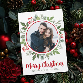 Chic Red Holly Christmas Wreath Foto Magnet Card
