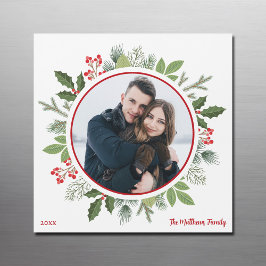 Chic Red Holly Christmas Wreath Foto Magnet Card
