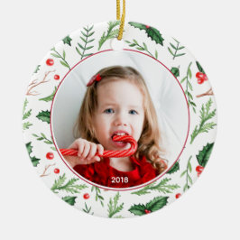 Chic Red Holly Pattern Weihnachtsfeiertag Foto Keramik Ornament