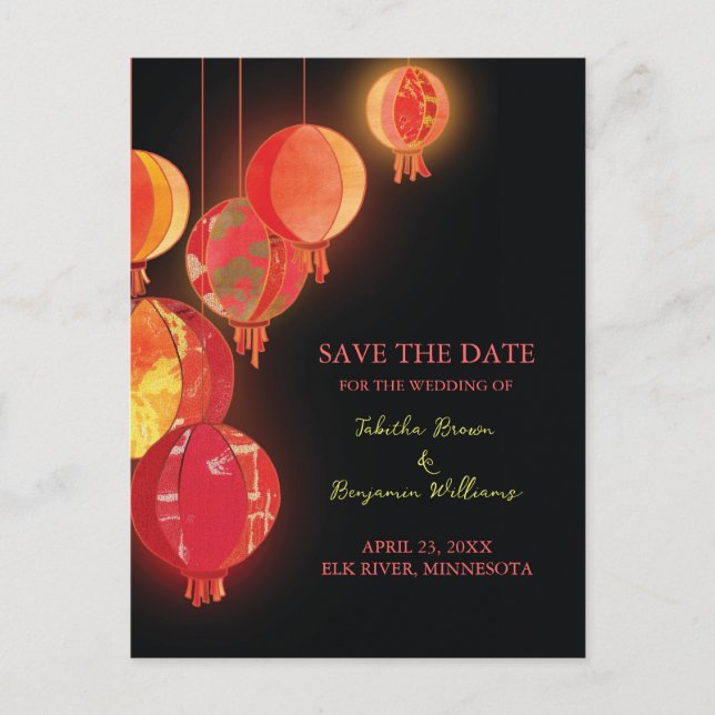 Chic Red Lanterns Wedding Save the Date Ankündigungspostkarte (Vorderseite)