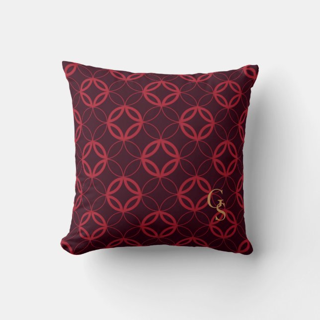 Chic Red Marokkanisches Kreismuster Monogramm Kissen (Vorderseite)