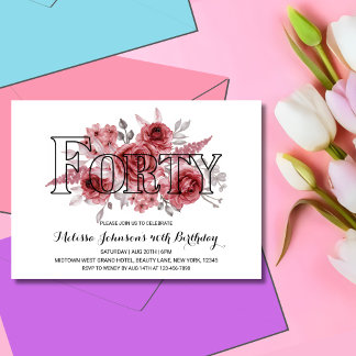 Chic Red Maroon Greenery Floral 40. Geburtstag Einladung
