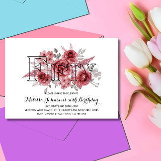 Chic Red Maroon Greenery Floral 50. Geburtstag Einladung