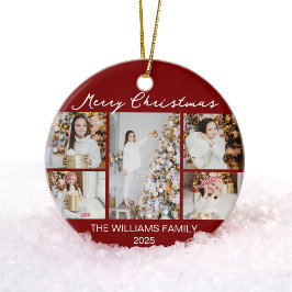 Chic Red Merry Christmas Photo Collage 2025 Keramik Ornament