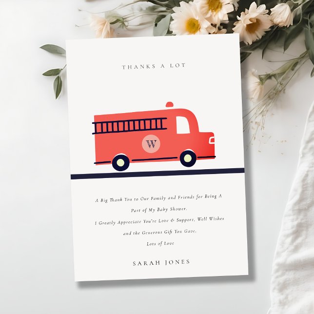 Chic Red Navy Fire Truck Motor Baby Shower Dankeskarte (Von Creator hochgeladen)