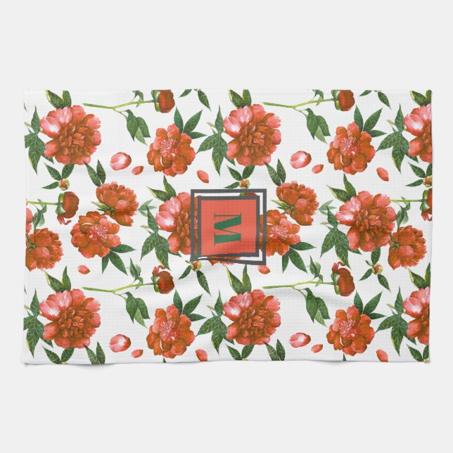 Chic Red Peonies Blooming Blume Muster Monogramm Geschirrtuch (Horizontal)