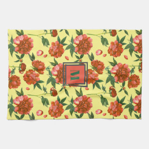 Chic Red Peonies Blooming Blume Muster Monogramm Geschirrtuch