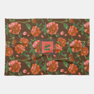 Chic Red Peonies Blooming Blume Muster Monogramm Geschirrtuch
