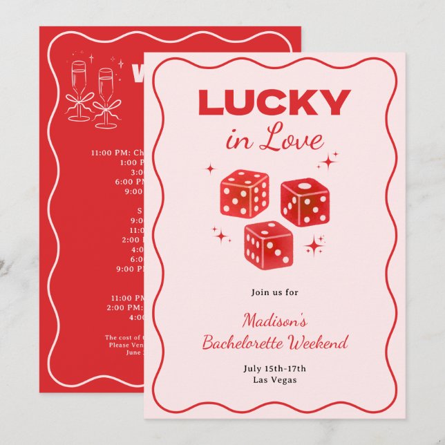 Chic Red Pink Lucky In Love Bachelorette Itinerary Einladung (Vorne/Hinten)