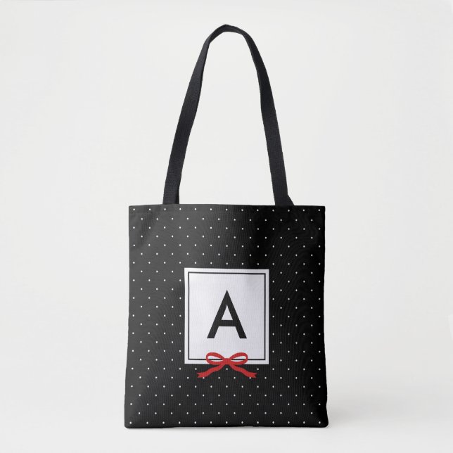 Chic Red Ribbon Black Polka Dot Muster Monogramm (Vorderseite)