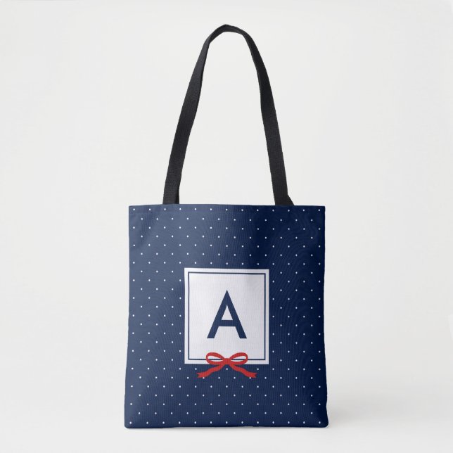 Chic Red Ribbon Blue Polka Dot Muster Monogram (Vorderseite)
