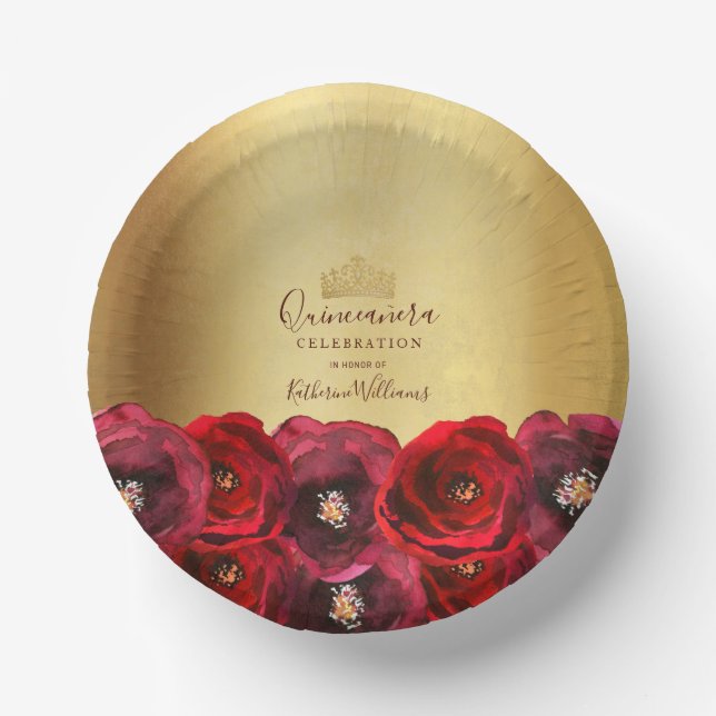 Chic Red Rose Floral Gold Crown Quinceañera Pappteller (Vorderseite)