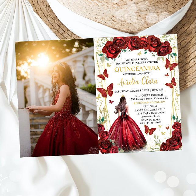 Chic Red Roses Floral Prinzessin Quinceañera Foto Einladung (Von Creator hochgeladen)