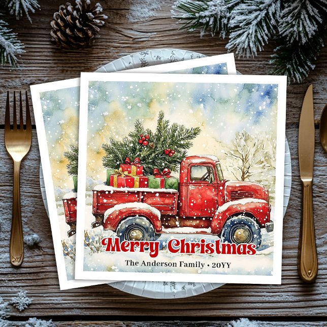 Chic red truck Christmas scene holiday napkins set Serviette (Chic red truck Christmas scene holiday napkins set)