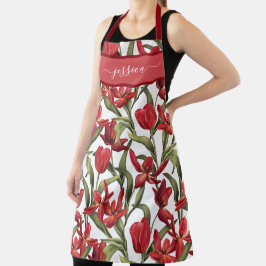 Chic red tulips script name schürze