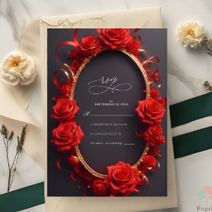 Chic Red Turkish Rose golden Frame Wedding RSVP Karte