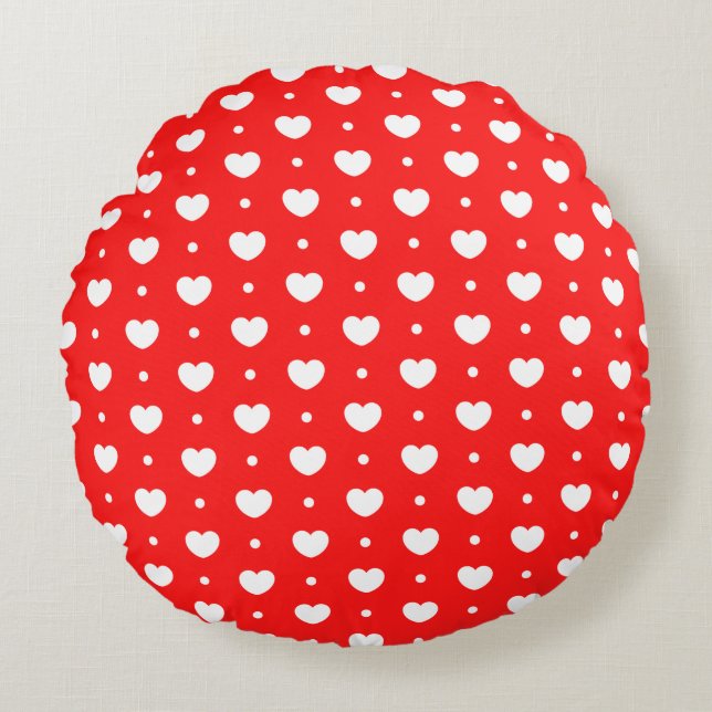 Chic Red White Hearts Pattern Girl Round Pillow Rundes Kissen (Vorderseite)