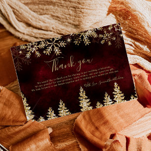 Chic Red Winter Gold Pine Hochzeit Dankeskarte