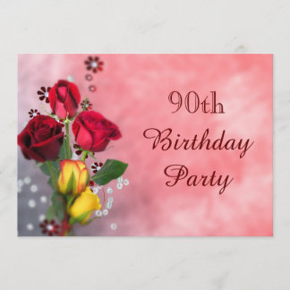 Chic Red & Yellow Roses 90. Geburtstag Einladung