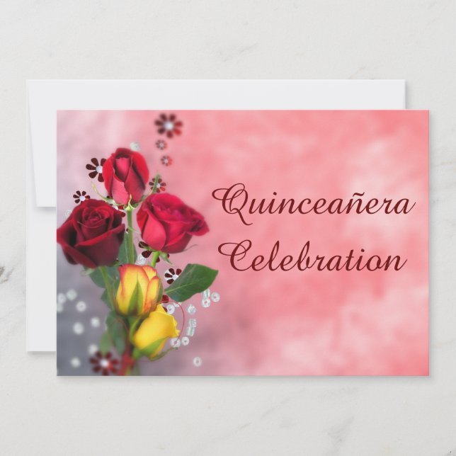 Chic Red & Yellow Roses Quinceñera Celebration Einladung (Vorderseite)